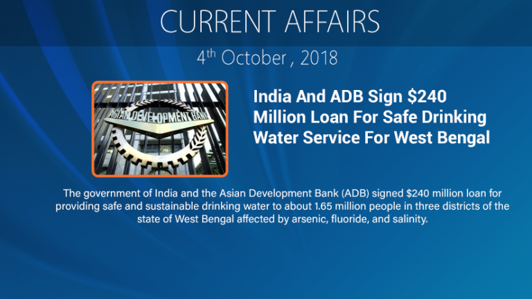 India And ADB Sign $240 Million Loan For Safe Drinking Water Service For West Bengal