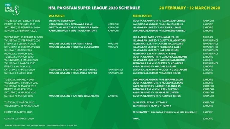 PSL Schedule 2020 | PSL Schedule 2020 Complete Details