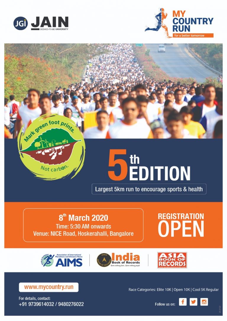 Bengaluru’s largest 5km Run – My Country Run, Edition 5 on March 8th 2020