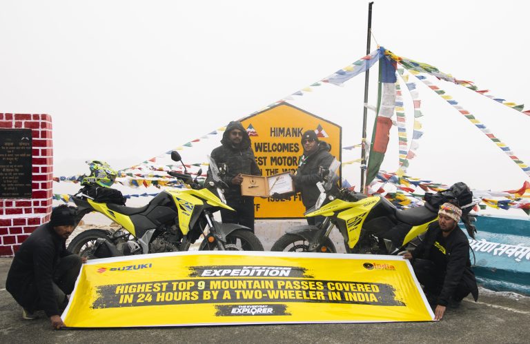 Suzuki V-Strom SX successfully ‘Ride Through Impassable’ terrain of Ladakh Sets National Record for ‘Highest Top 9 Mountain Passes Covered by a Two-Wheeler in India’ in just 18-hrs in the India Book of Records