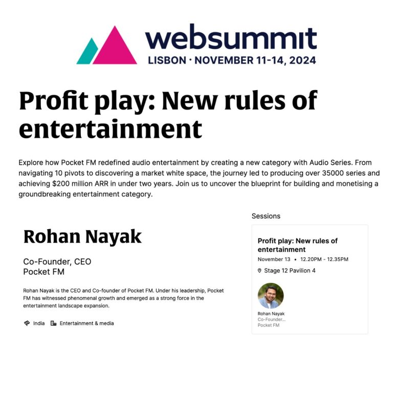 Pocket FM’s Rohan Nayak to Deliver Keynote as India’s Only Representative from Entertainment Industry at Web Summit, Lisbon 2024